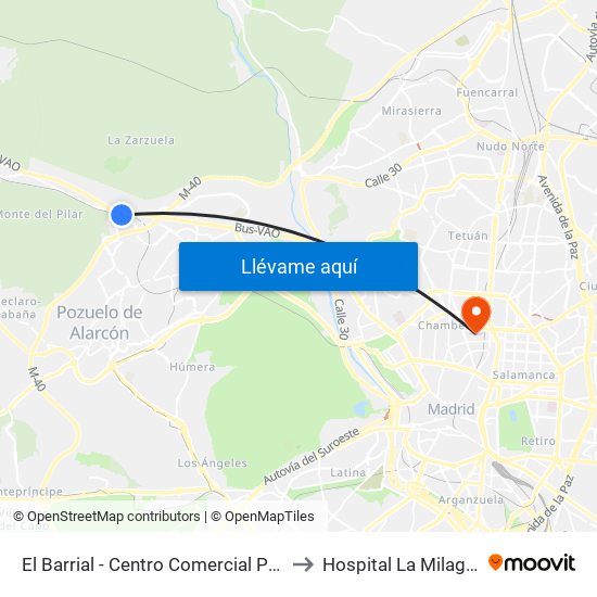 El Barrial - Centro Comercial Pozuelo to Hospital La Milagrosa map