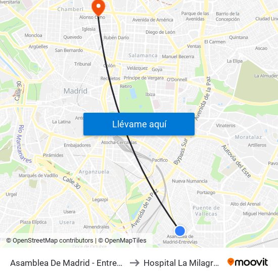 Asamblea De Madrid - Entrevías to Hospital La Milagrosa map