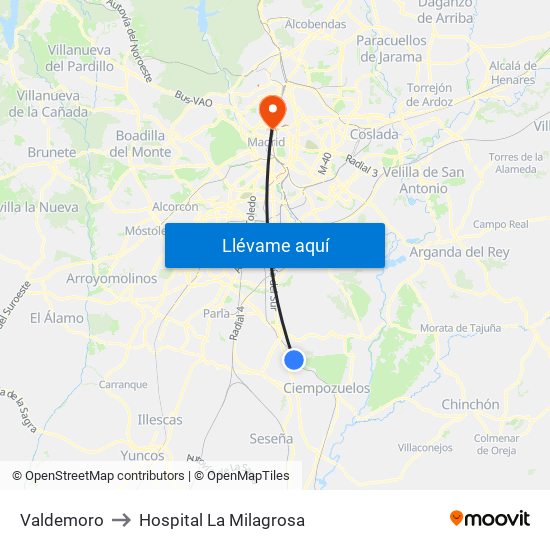 Valdemoro to Hospital La Milagrosa map