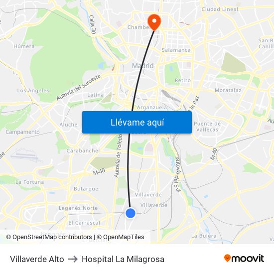 Villaverde Alto to Hospital La Milagrosa map