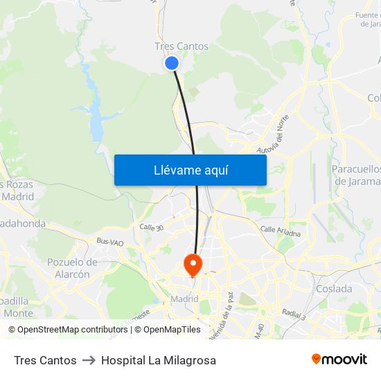 Tres Cantos to Hospital La Milagrosa map
