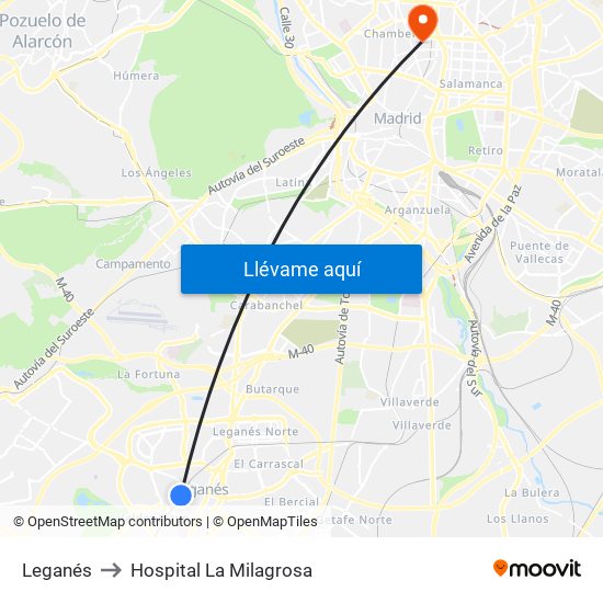 Leganés to Hospital La Milagrosa map