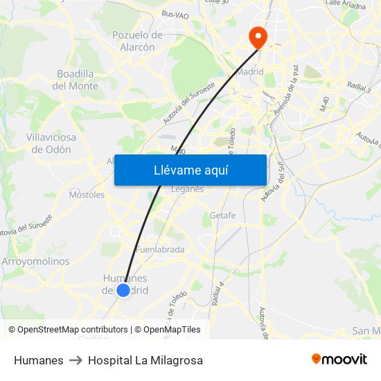 Humanes to Hospital La Milagrosa map