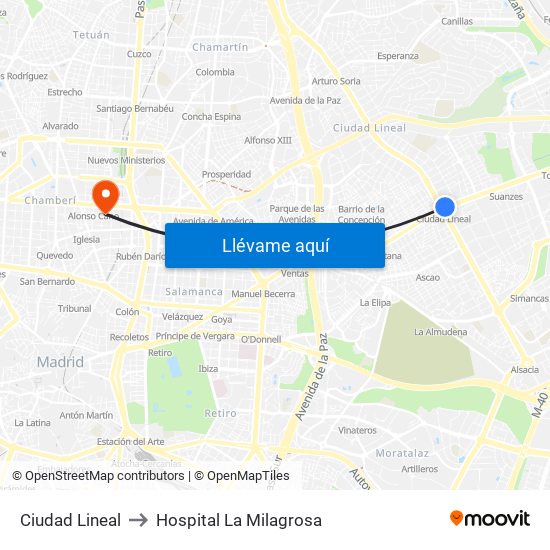 Ciudad Lineal to Hospital La Milagrosa map