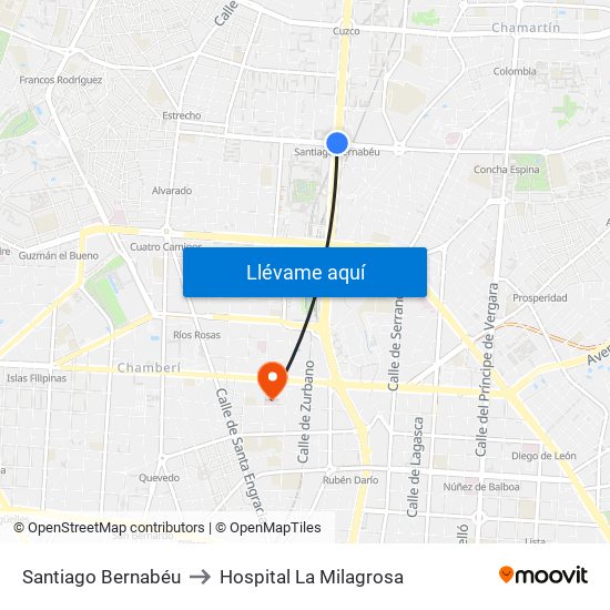 Santiago Bernabéu to Hospital La Milagrosa map