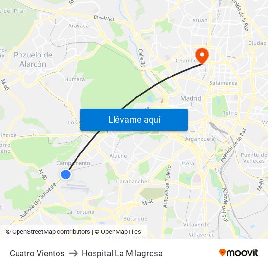 Cuatro Vientos to Hospital La Milagrosa map