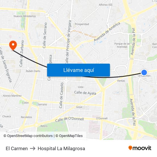El Carmen to Hospital La Milagrosa map