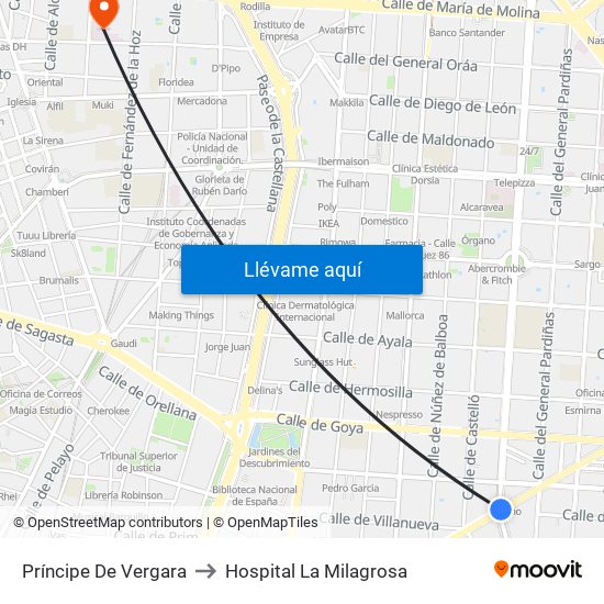 Príncipe De Vergara to Hospital La Milagrosa map