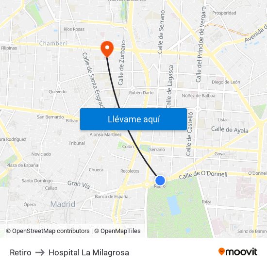 Retiro to Hospital La Milagrosa map