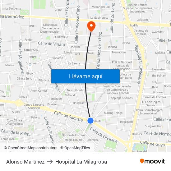 Alonso Martínez to Hospital La Milagrosa map