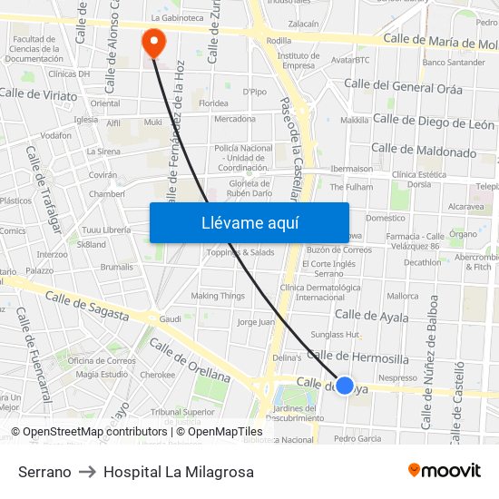 Serrano to Hospital La Milagrosa map