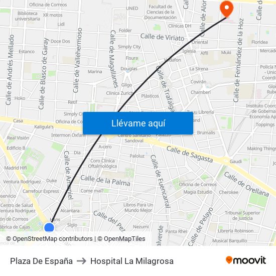 Plaza De España to Hospital La Milagrosa map