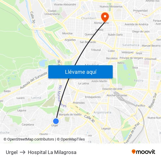 Urgel to Hospital La Milagrosa map