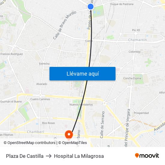 Plaza De Castilla to Hospital La Milagrosa map