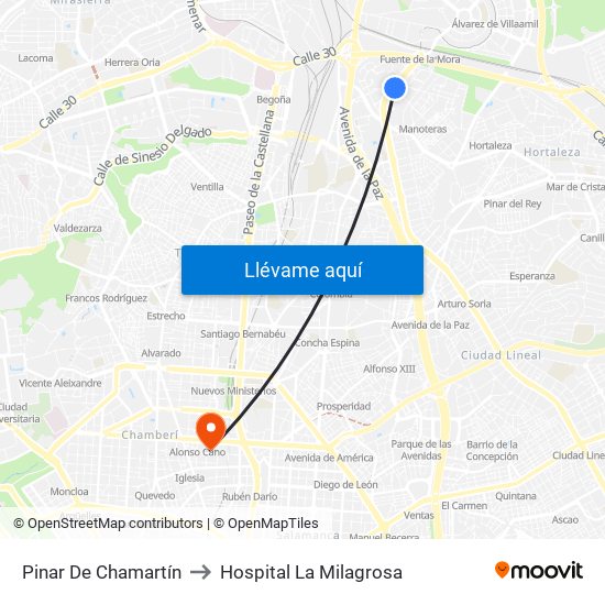 Pinar De Chamartín to Hospital La Milagrosa map
