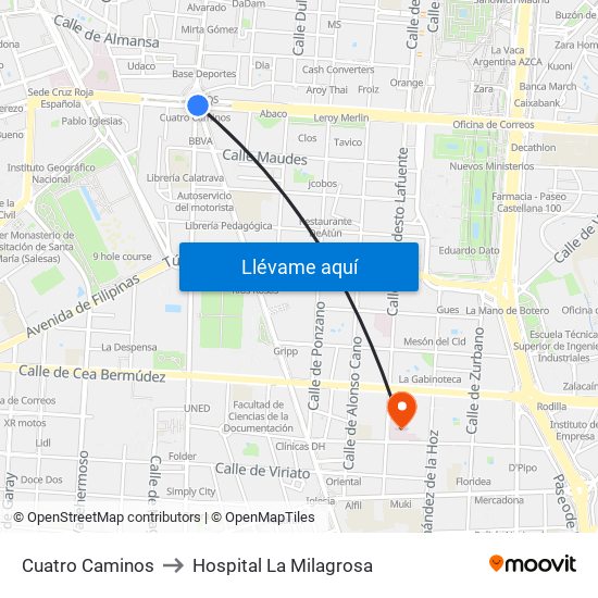 Cuatro Caminos to Hospital La Milagrosa map