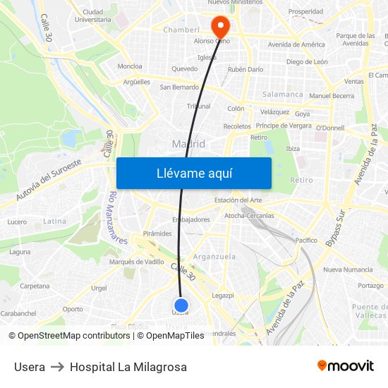 Usera to Hospital La Milagrosa map