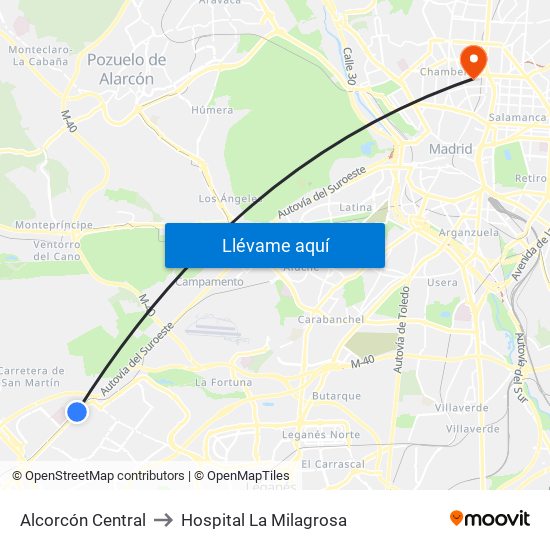 Alcorcón Central to Hospital La Milagrosa map