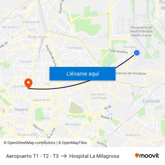 Aeropuerto T1 - T2 - T3 to Hospital La Milagrosa map