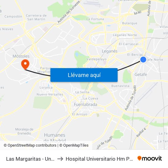 Las Margaritas - Universidad to Hospital Universitario Hm Puerta Del Sur map