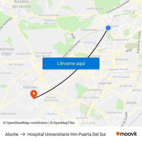 Aluche to Hospital Universitario Hm Puerta Del Sur map