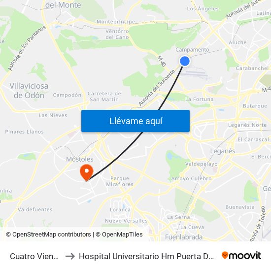 Cuatro Vientos to Hospital Universitario Hm Puerta Del Sur map