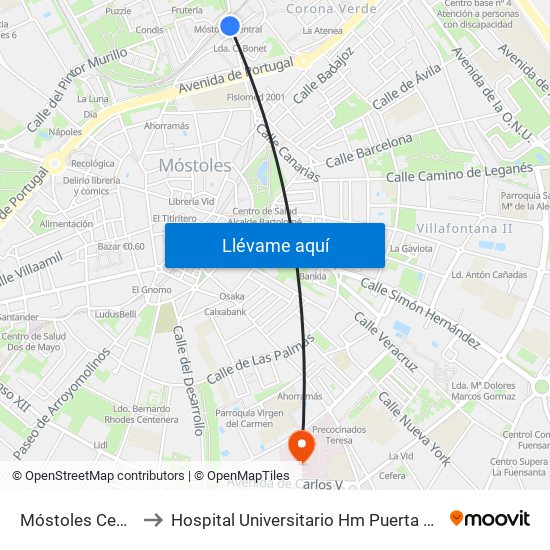 Móstoles Central to Hospital Universitario Hm Puerta Del Sur map