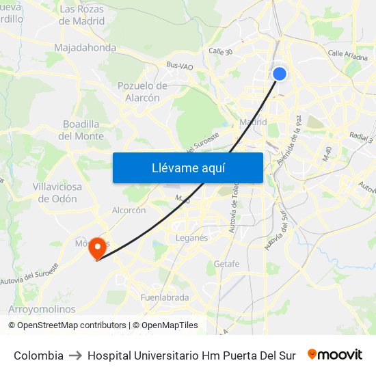 Colombia to Hospital Universitario Hm Puerta Del Sur map