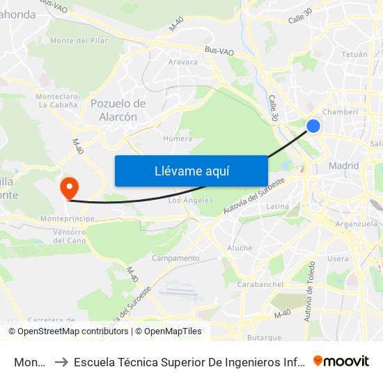 Moncloa to Escuela Técnica Superior De Ingenieros Informáticos Upm map