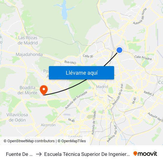 Fuente De La Mora to Escuela Técnica Superior De Ingenieros Informáticos Upm map