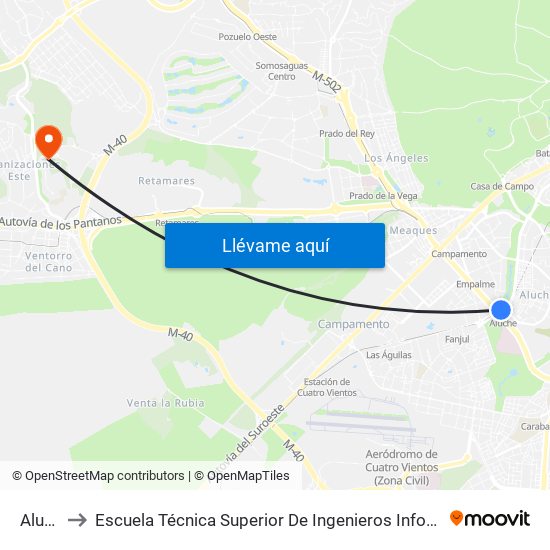 Aluche to Escuela Técnica Superior De Ingenieros Informáticos Upm map