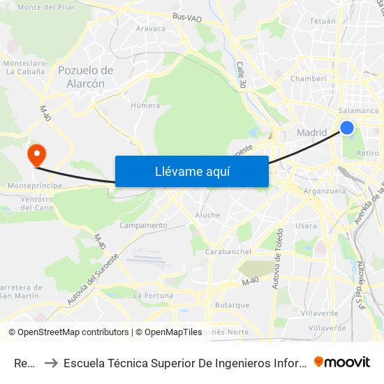 Retiro to Escuela Técnica Superior De Ingenieros Informáticos Upm map