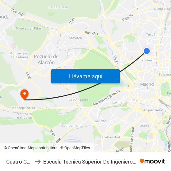 Cuatro Caminos to Escuela Técnica Superior De Ingenieros Informáticos Upm map