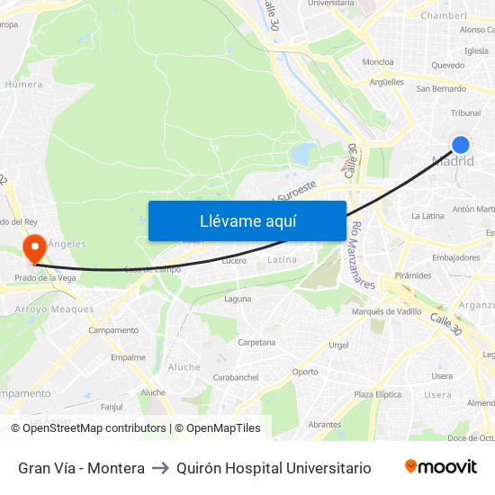 Gran Vía - Montera to Quirón Hospital Universitario map