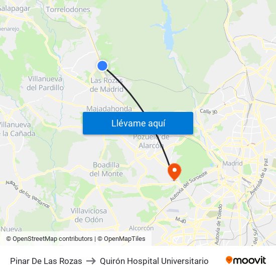Pinar De Las Rozas to Quirón Hospital Universitario map