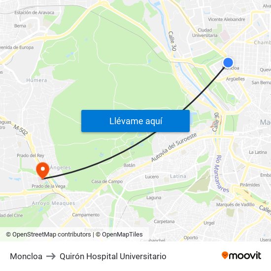 Moncloa to Quirón Hospital Universitario map