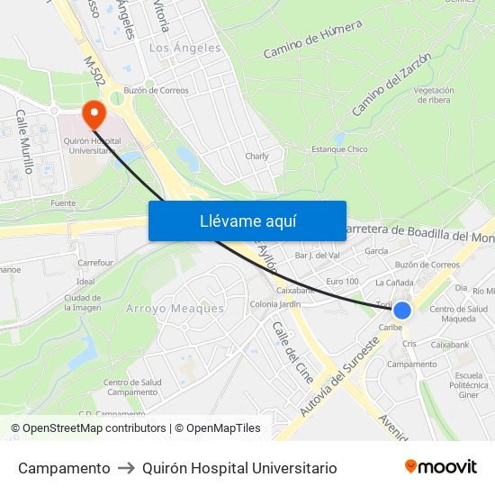 Campamento to Quirón Hospital Universitario map