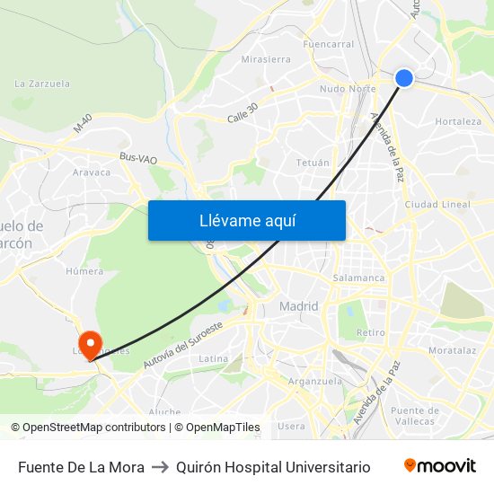 Fuente De La Mora to Quirón Hospital Universitario map