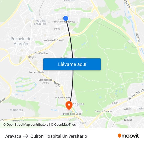 Aravaca to Quirón Hospital Universitario map