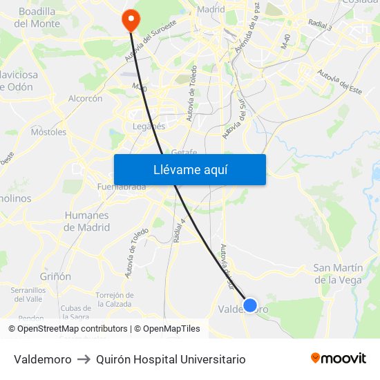 Valdemoro to Quirón Hospital Universitario map