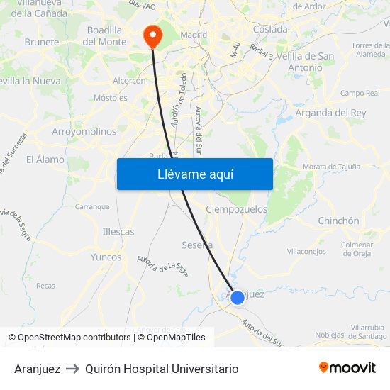 Aranjuez to Quirón Hospital Universitario map