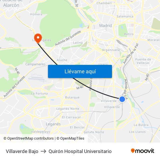 Villaverde Bajo to Quirón Hospital Universitario map