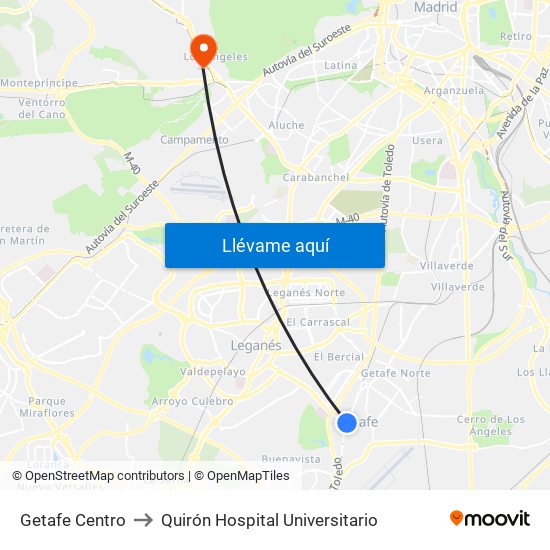 Getafe Centro to Quirón Hospital Universitario map