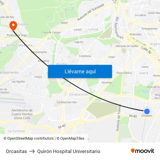Orcasitas to Quirón Hospital Universitario map