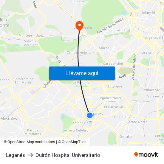 Leganés to Quirón Hospital Universitario map