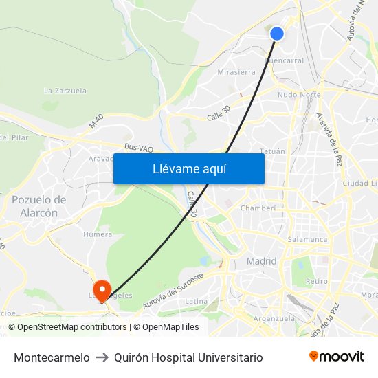 Montecarmelo to Quirón Hospital Universitario map