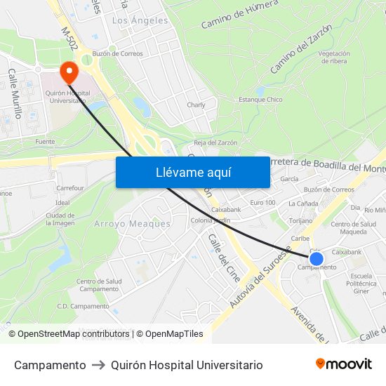 Campamento to Quirón Hospital Universitario map