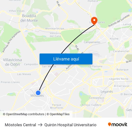 Móstoles Central to Quirón Hospital Universitario map
