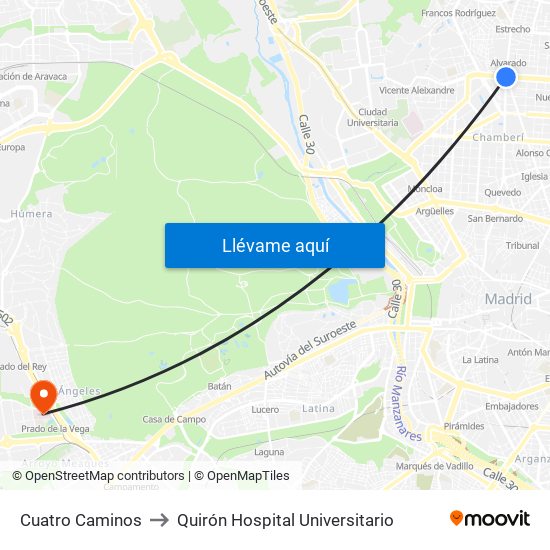 Cuatro Caminos to Quirón Hospital Universitario map