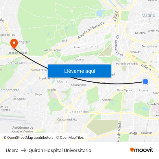 Usera to Quirón Hospital Universitario map